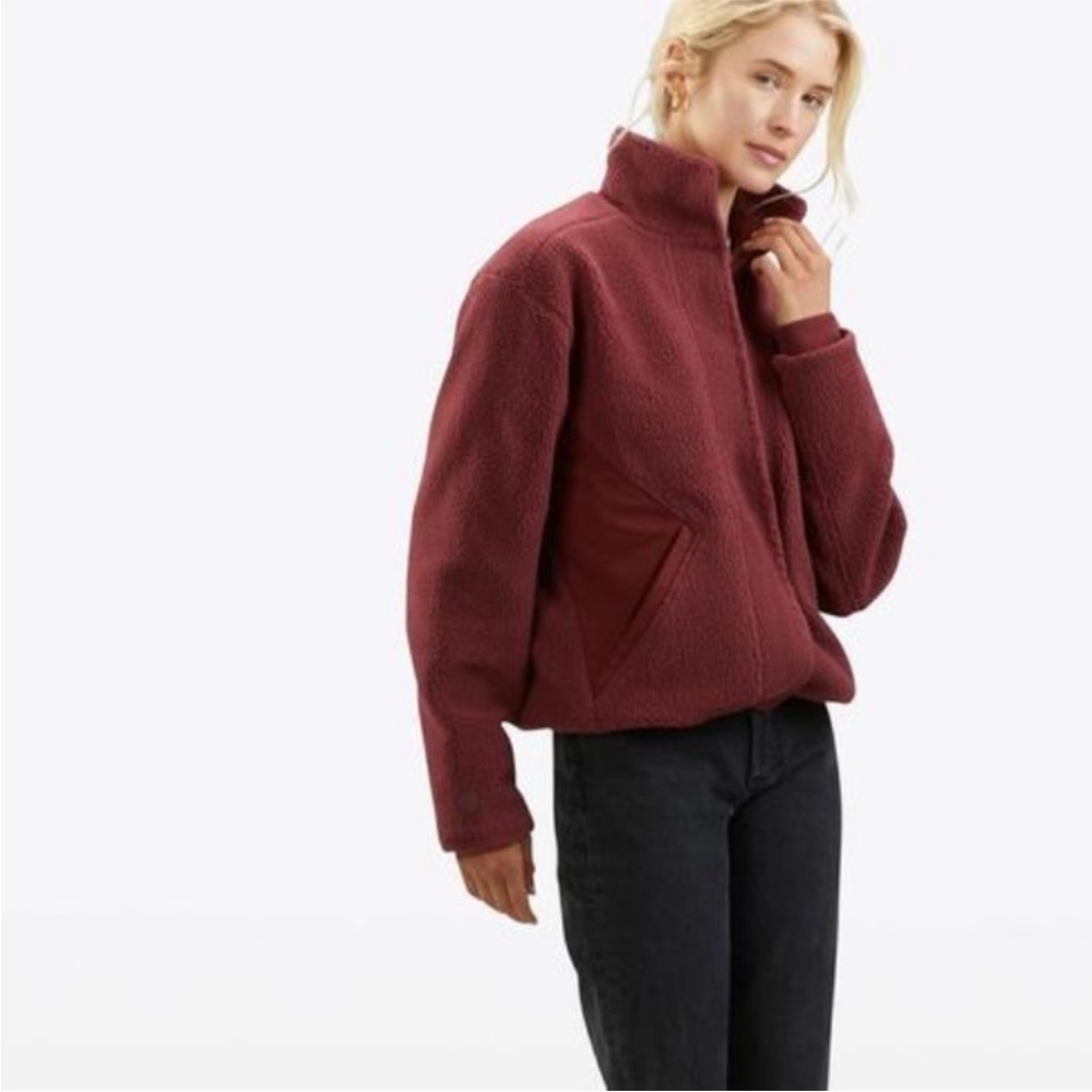 Red Teddy Jacket with High Collar and Cropped Fit